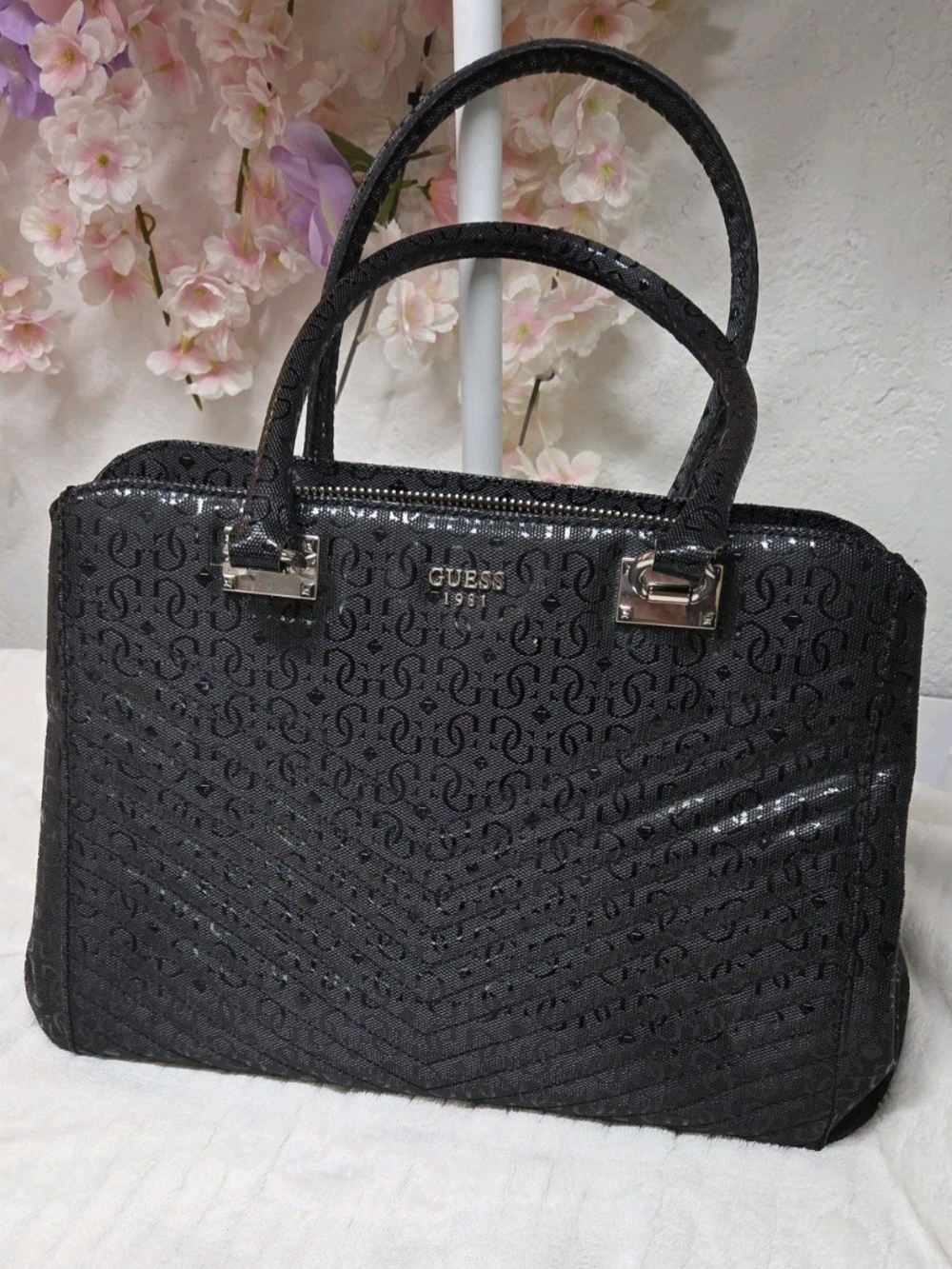 GUESS Black Logo Quilted Patent Satchel